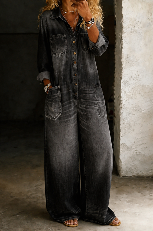 Charlotte Women's Jumpsuit in Denim with Wide Legs and Pockets, photo 2