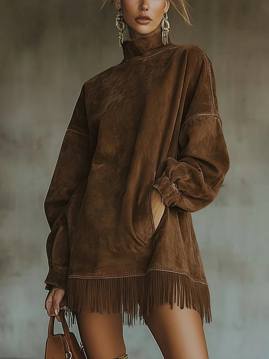Primrose Women's Dress in a Suede Look with a Turtleneck and Fringing, photo 2