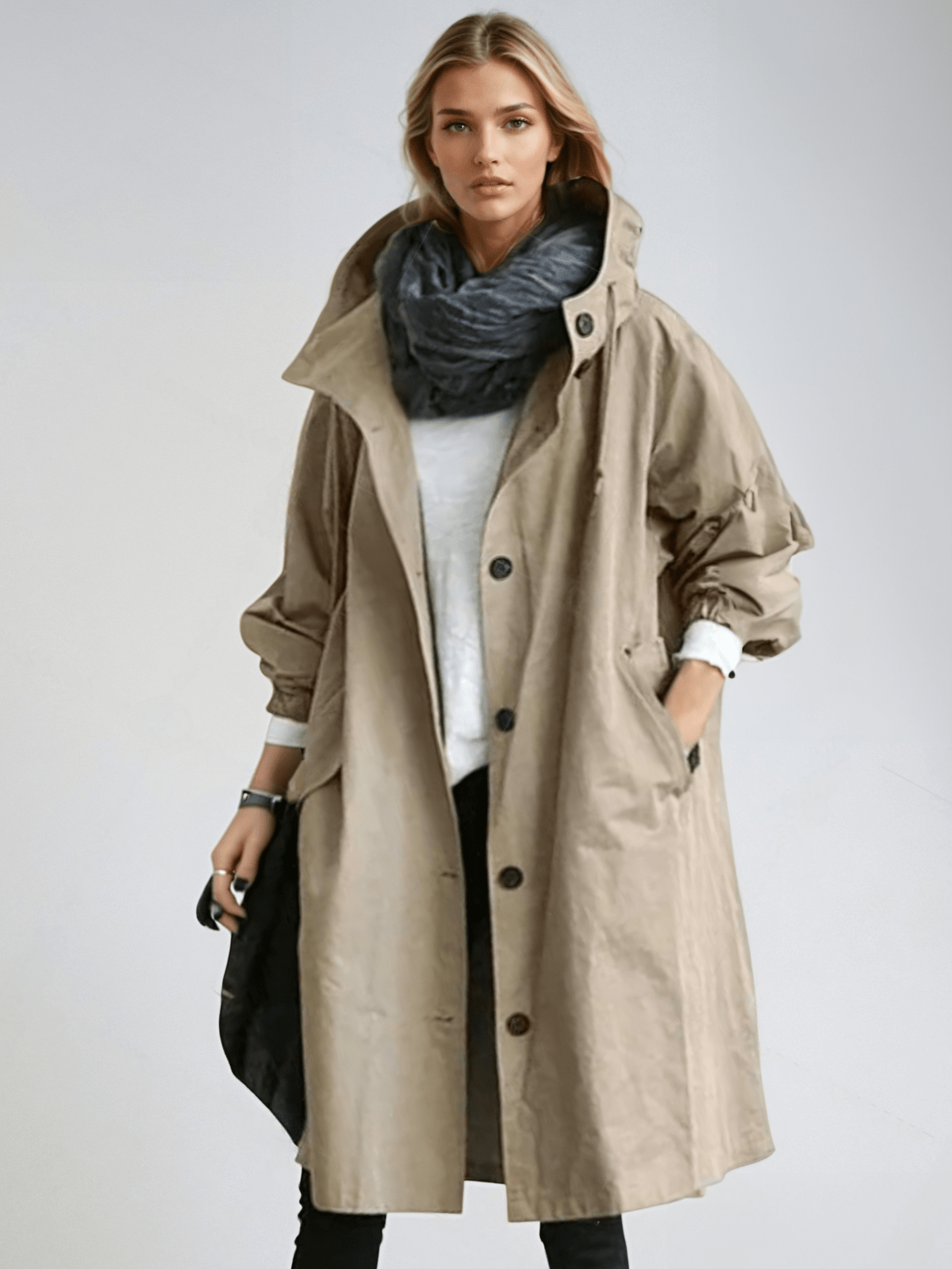 Aileen Women's Trench Coat with Buttons with Long Sleeves and Pockets, photo 3