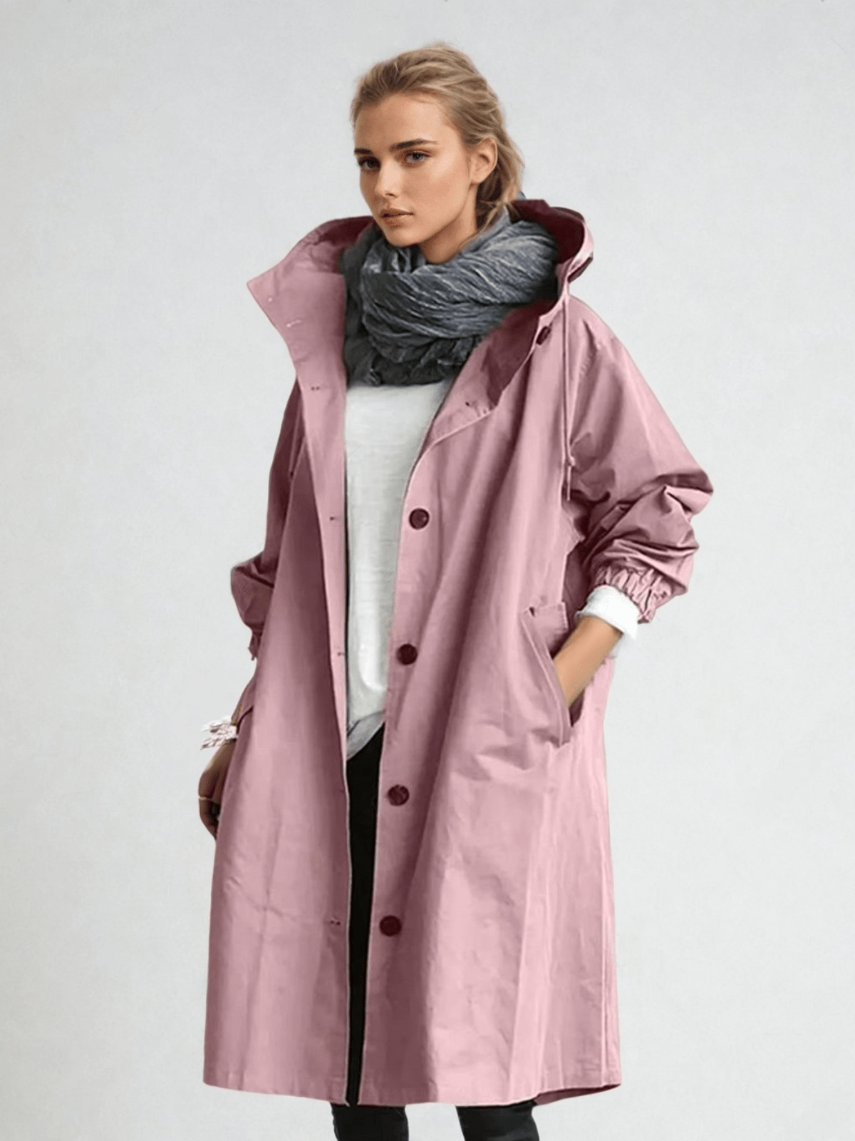 Aileen Women's Trench Coat with Buttons with Long Sleeves and Pockets, photo 6
