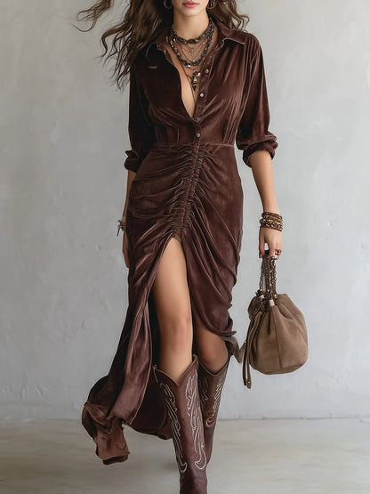 Alma Women's Dress in Velvet in Midi Length with Pleats, photo 1