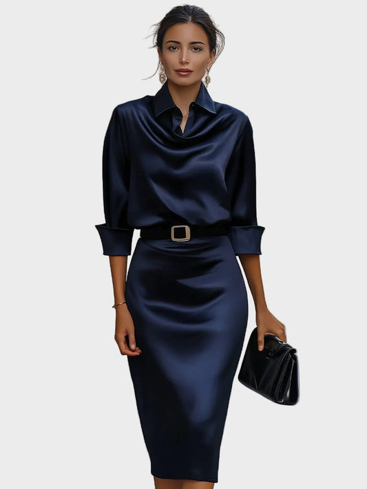Cara Women's Dress in Satin with a Belt, photo 2