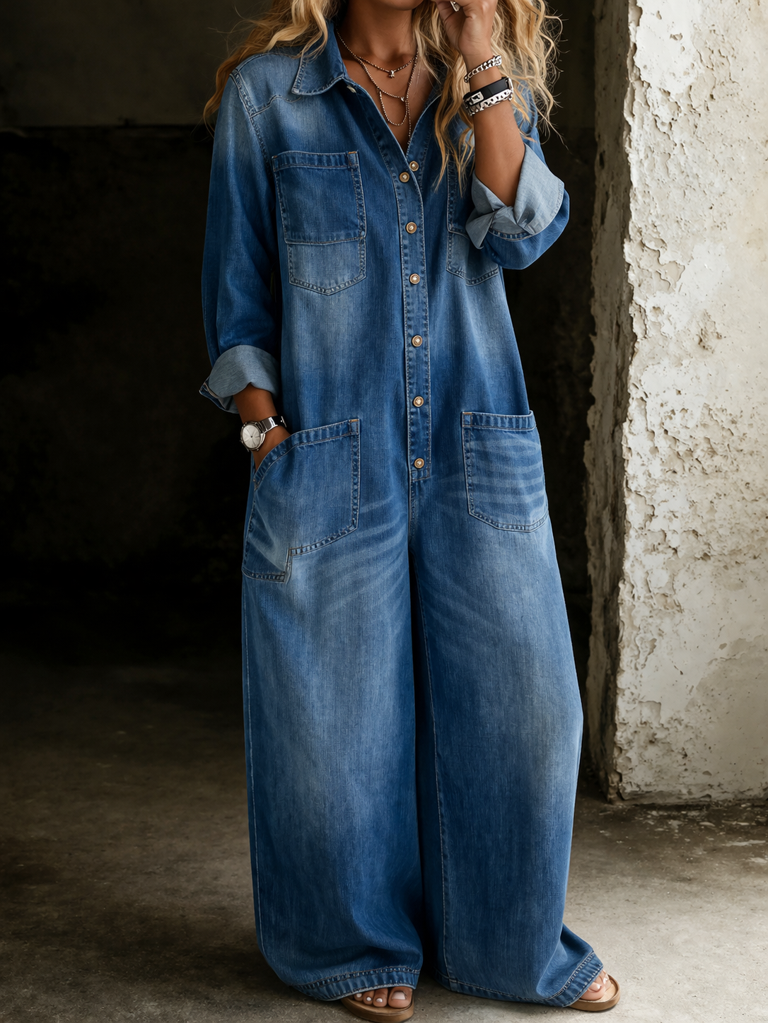 Charlotte Women's Jumpsuit in Denim with Wide Legs and Pockets, photo 1