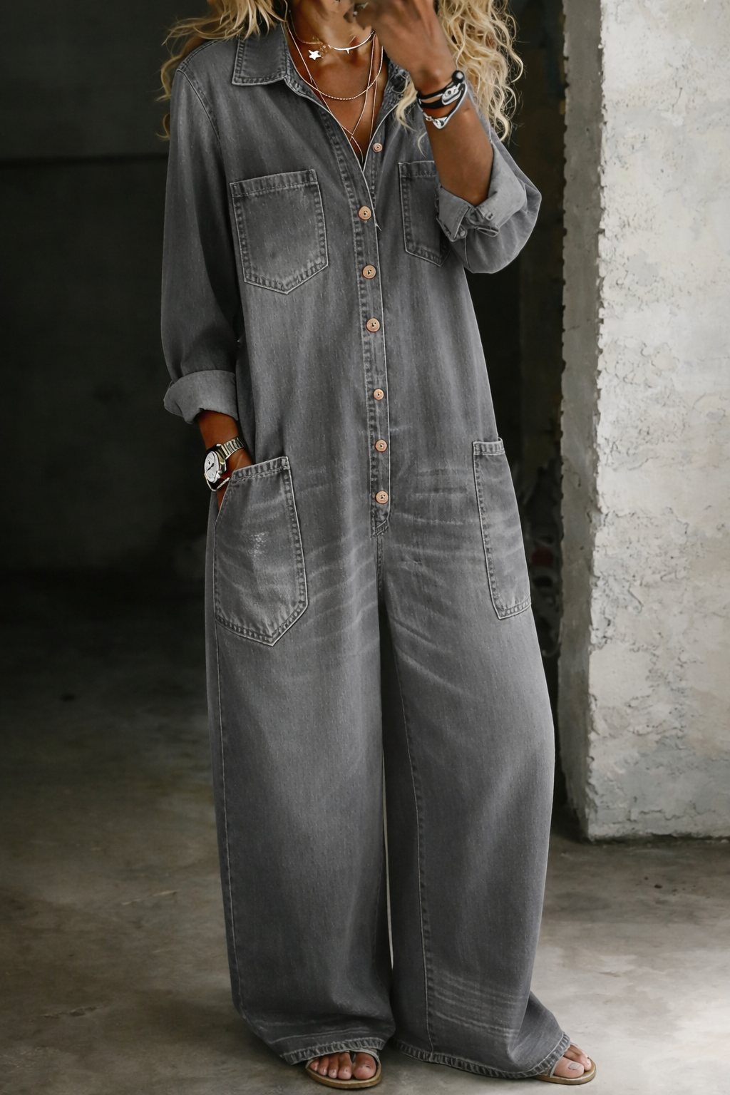 Charlotte Women's Jumpsuit in Denim with Wide Legs and Pockets, photo 3