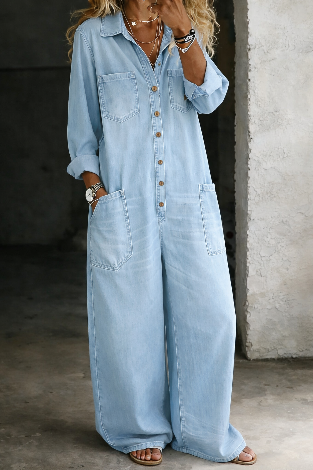 Charlotte Women's Jumpsuit in Denim with Wide Legs and Pockets, photo 4