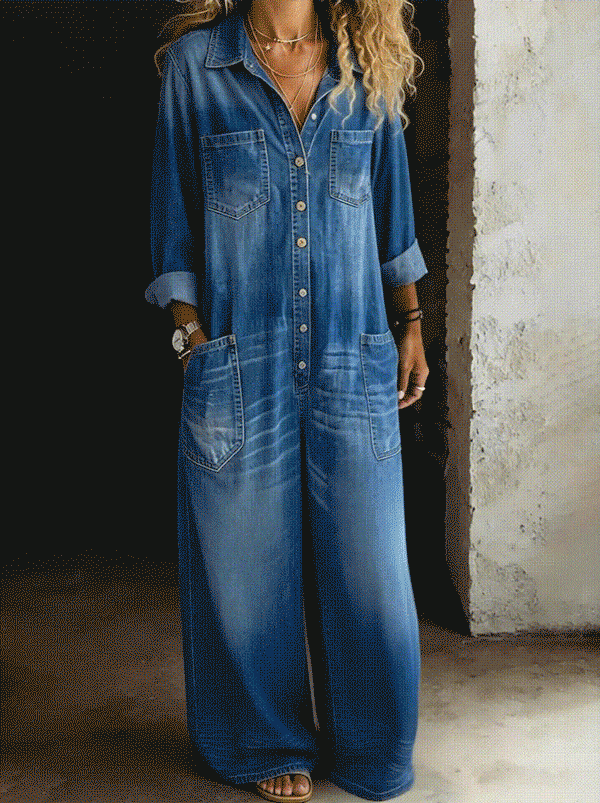 Charlotte Women's Jumpsuit in Denim with Wide Legs and Pockets, photo 6