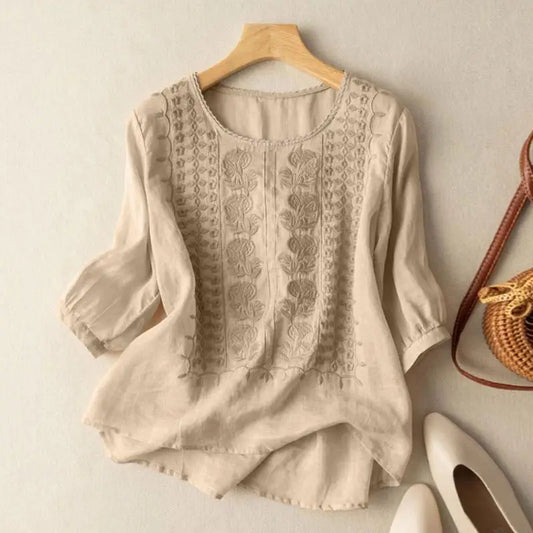Clara Women's Blouse with a Round Neck with Three-quarter Sleeves and Embroidery, photo 2