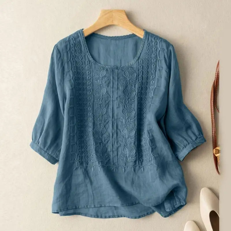 Clara Women's Blouse with a Round Neck with Three-quarter Sleeves and Embroidery, photo 3