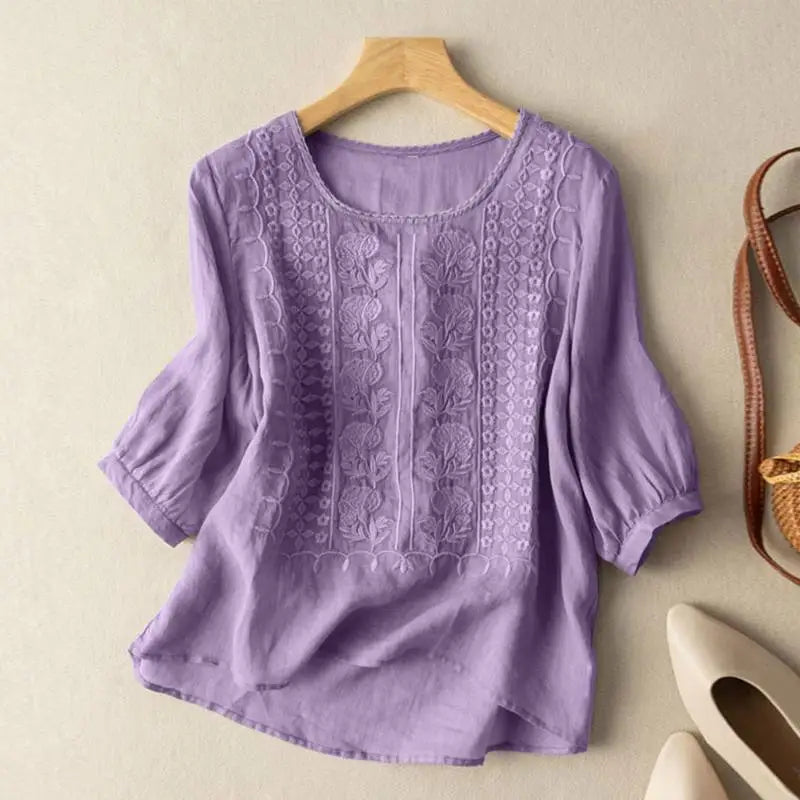 Clara Women's Blouse with a Round Neck with Three-quarter Sleeves and Embroidery, photo 4