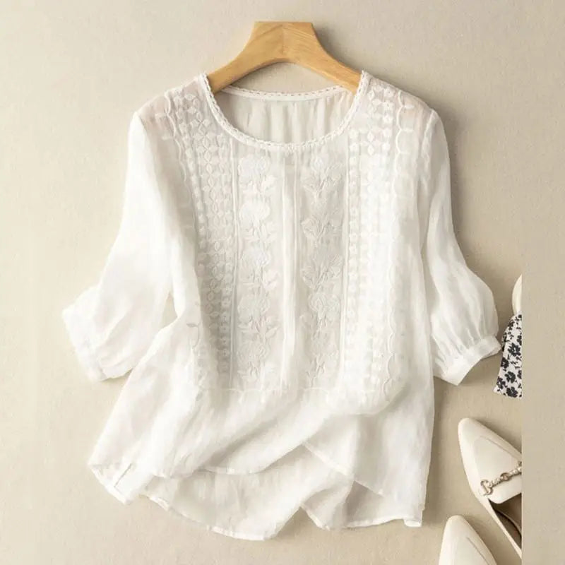 Clara Women's Blouse with a Round Neck with Three-quarter Sleeves and Embroidery, photo 5
