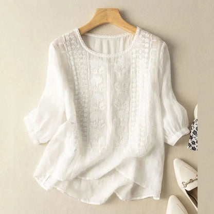 Clara Women's Blouse with a Round Neck with Three-quarter Sleeves and Embroidery, photo 5