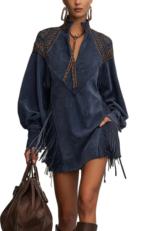 Constance Women's Dress in a Suede Look in Mini Length with Fringing, photo 1