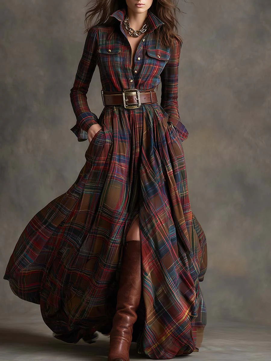 Eden Women's Dress with a Belt in Maxi Length and a Check Pattern, photo 1