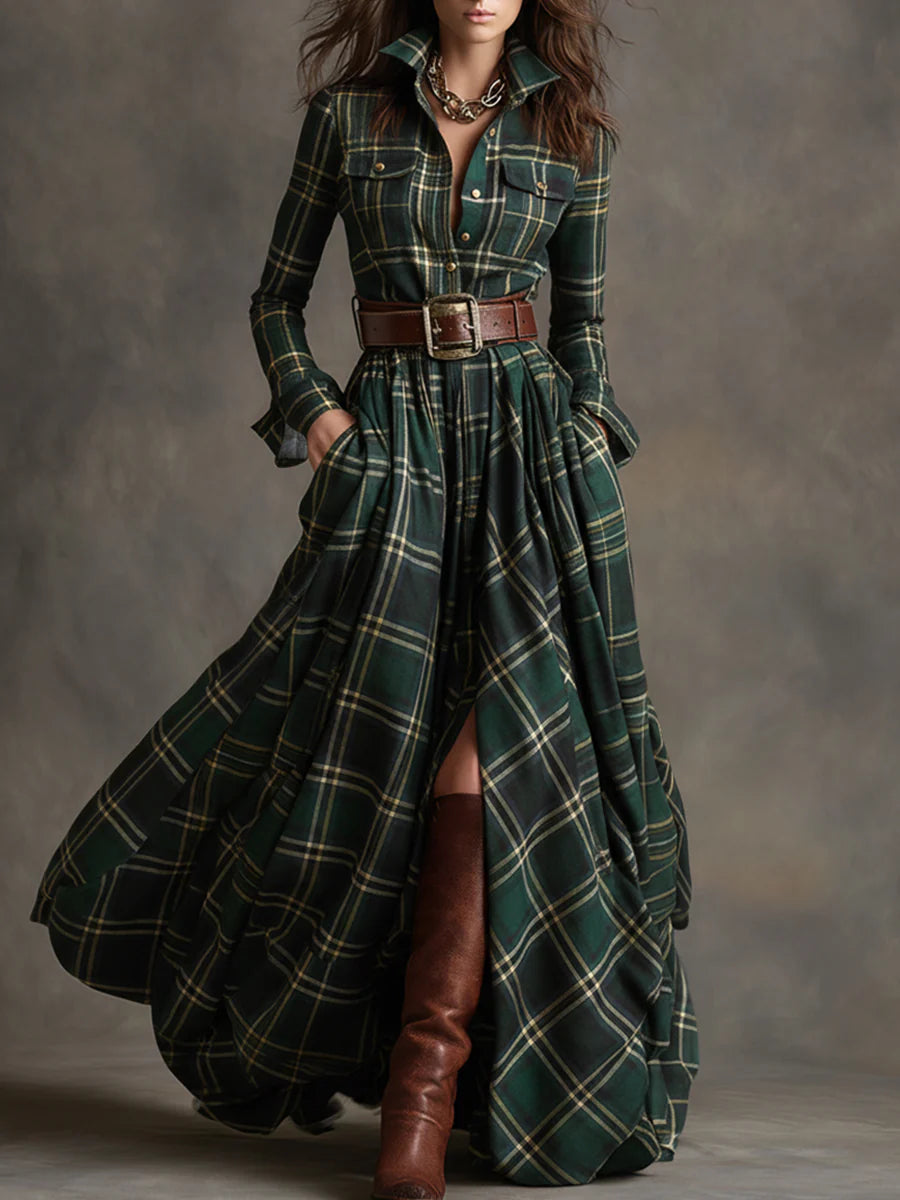 Eden Women's Dress with a Belt in Maxi Length and a Check Pattern, photo 2