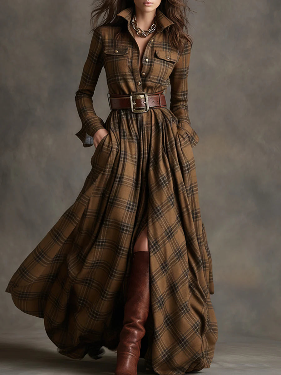 Eden Women's Dress with a Belt in Maxi Length and a Check Pattern, photo 3