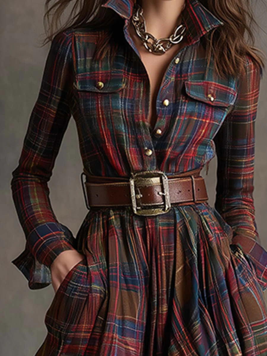 Eden Women's Dress with a Belt in Maxi Length and a Check Pattern, photo 4