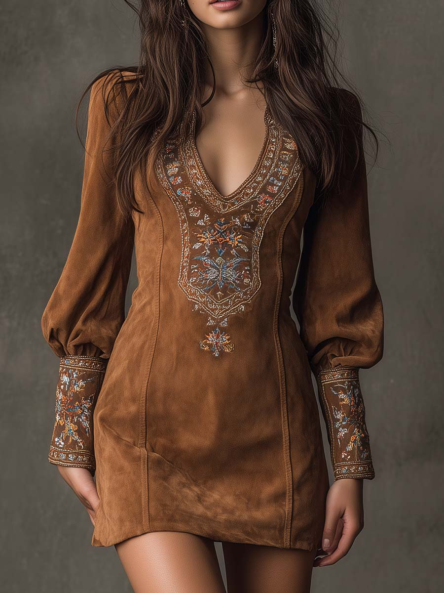 Erin Women's Dress in a Suede Look with a V-neck and Embroidery, photo 1