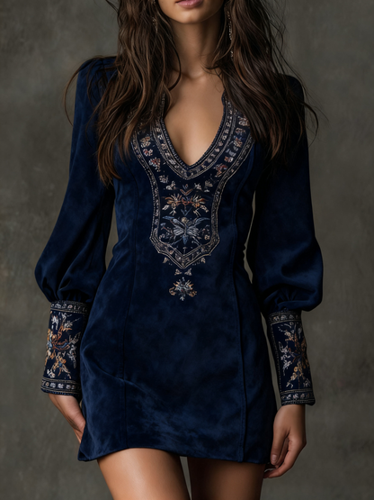 Erin Women's Dress in a Suede Look with a V-neck and Embroidery, photo 2