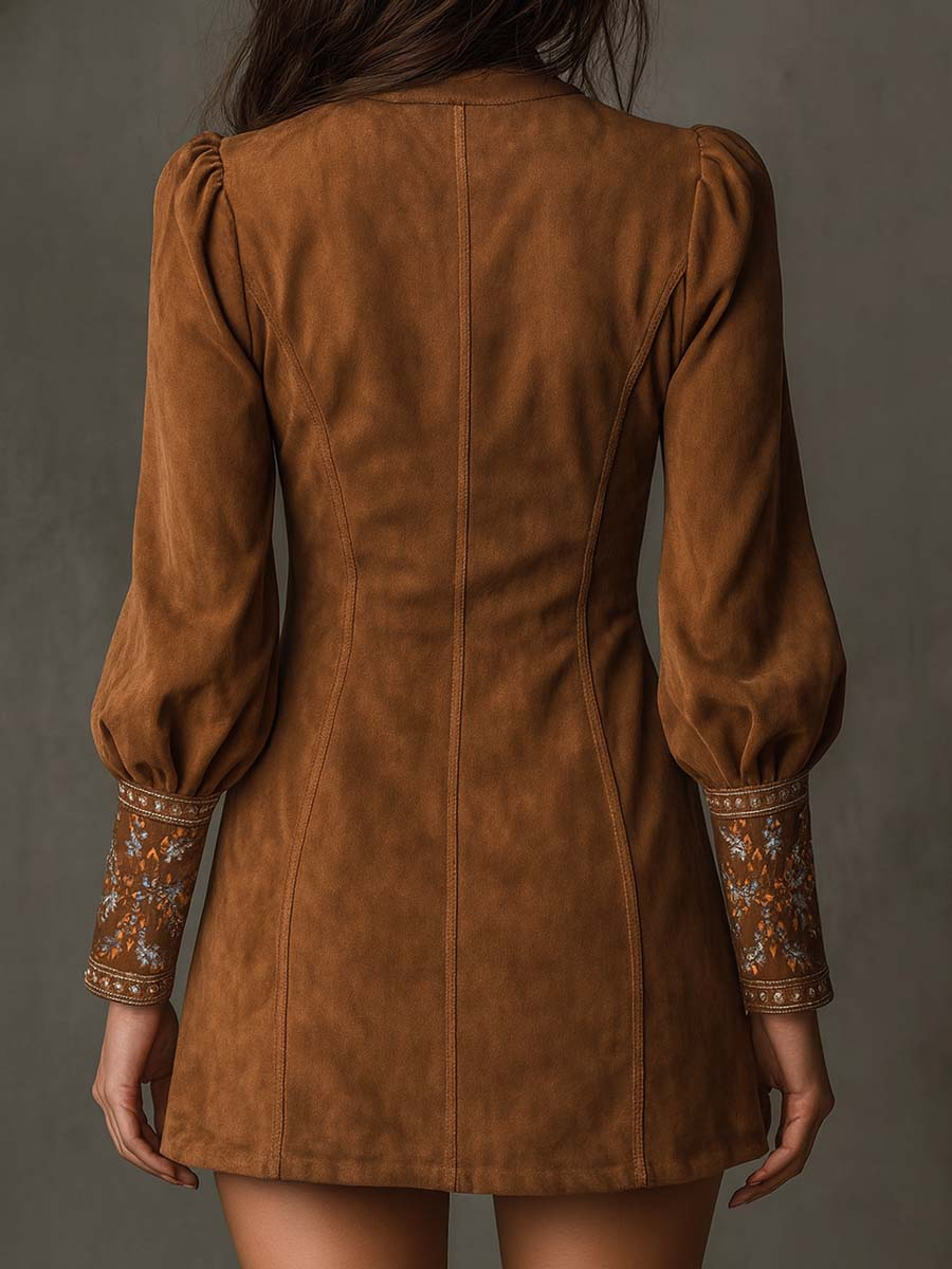 Erin Women's Dress in a Suede Look with a V-neck and Embroidery, photo 3