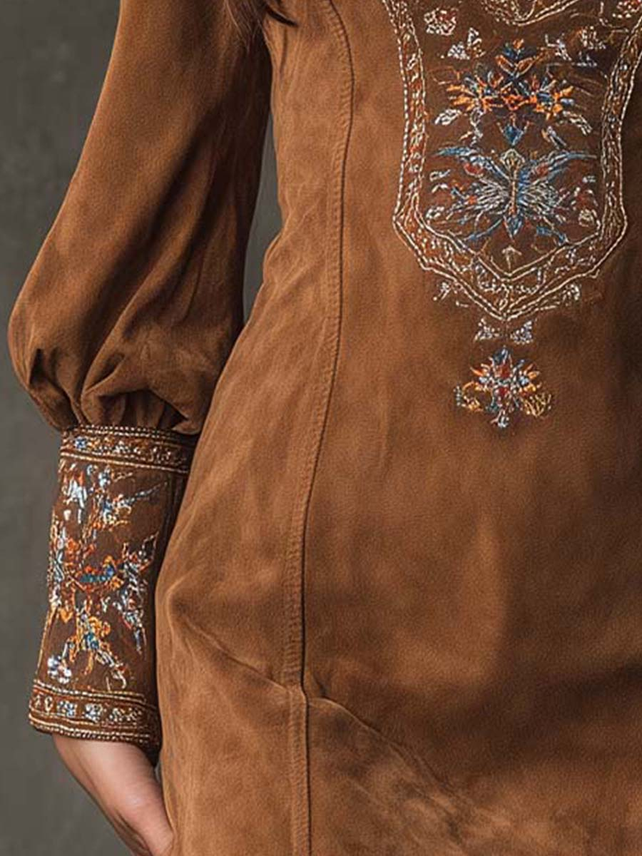Erin Women's Dress in a Suede Look with a V-neck and Embroidery, photo 6