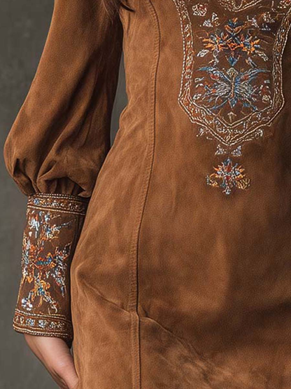 Erin Women's Dress in a Suede Look with a V-neck and Embroidery, photo 6
