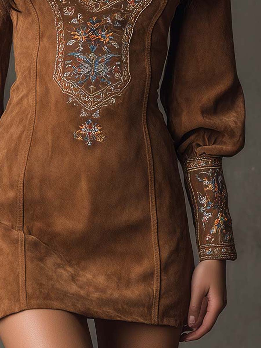 Erin Women's Dress in a Suede Look with a V-neck and Embroidery, photo 7