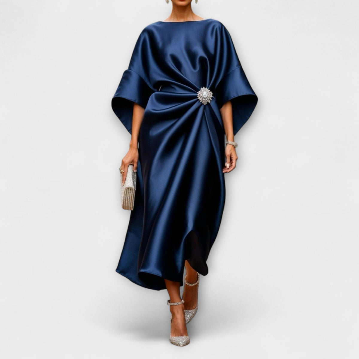 Flora Women's Dress in Satin in Maxi Length in Blue, photo 2