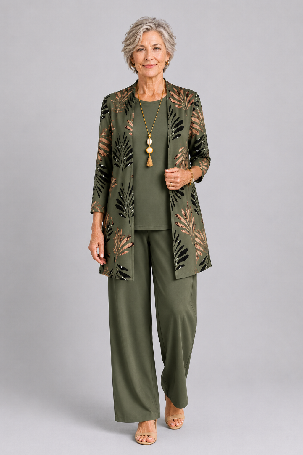 Florence Women's Co-ord Set with an Elasticated Waist with Long Sleeves and an All-over Print in Green, photo 1