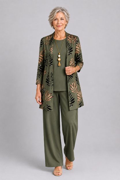 Florence Women's Co-ord Set with an Elasticated Waist with Long Sleeves and an All-over Print in Green, photo 1