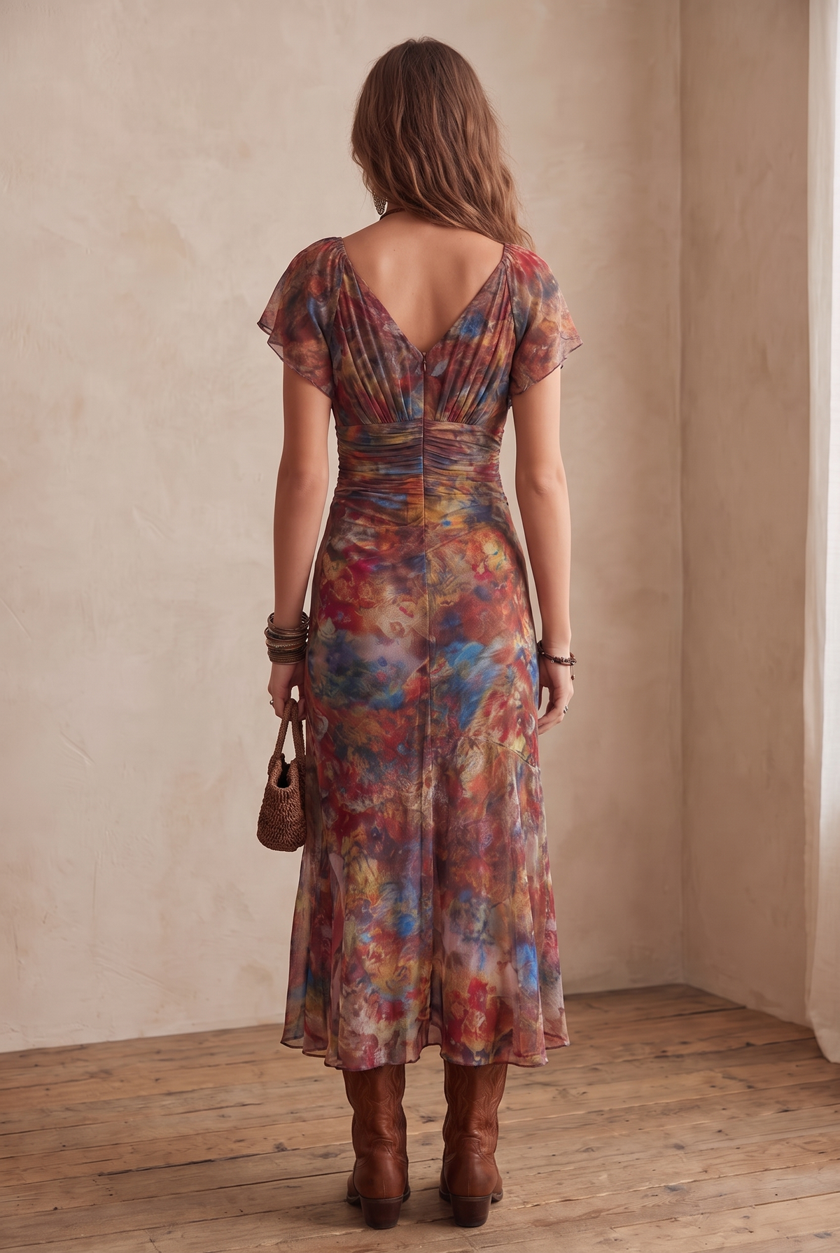 Georgia Women's Dress with a V-neck in Midi Length and Pleats, photo 3