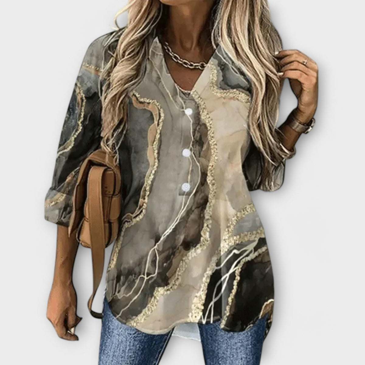 Heather Women's Blouse with a V-neck with Buttons and an All-over Print, photo 1