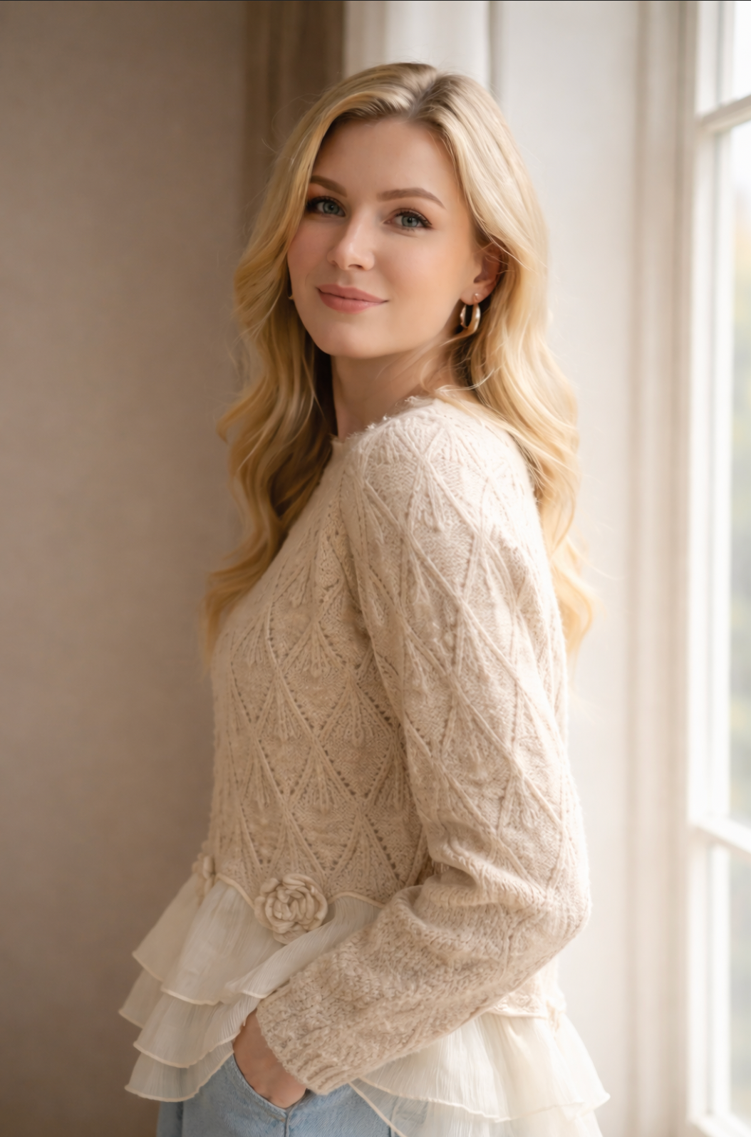 Holly Women's Cardigan in Knit with a Round Neck and Ruffles, photo 2