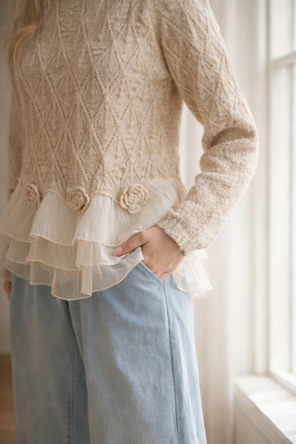 Holly Women's Cardigan in Knit with a Round Neck and Ruffles, photo 3