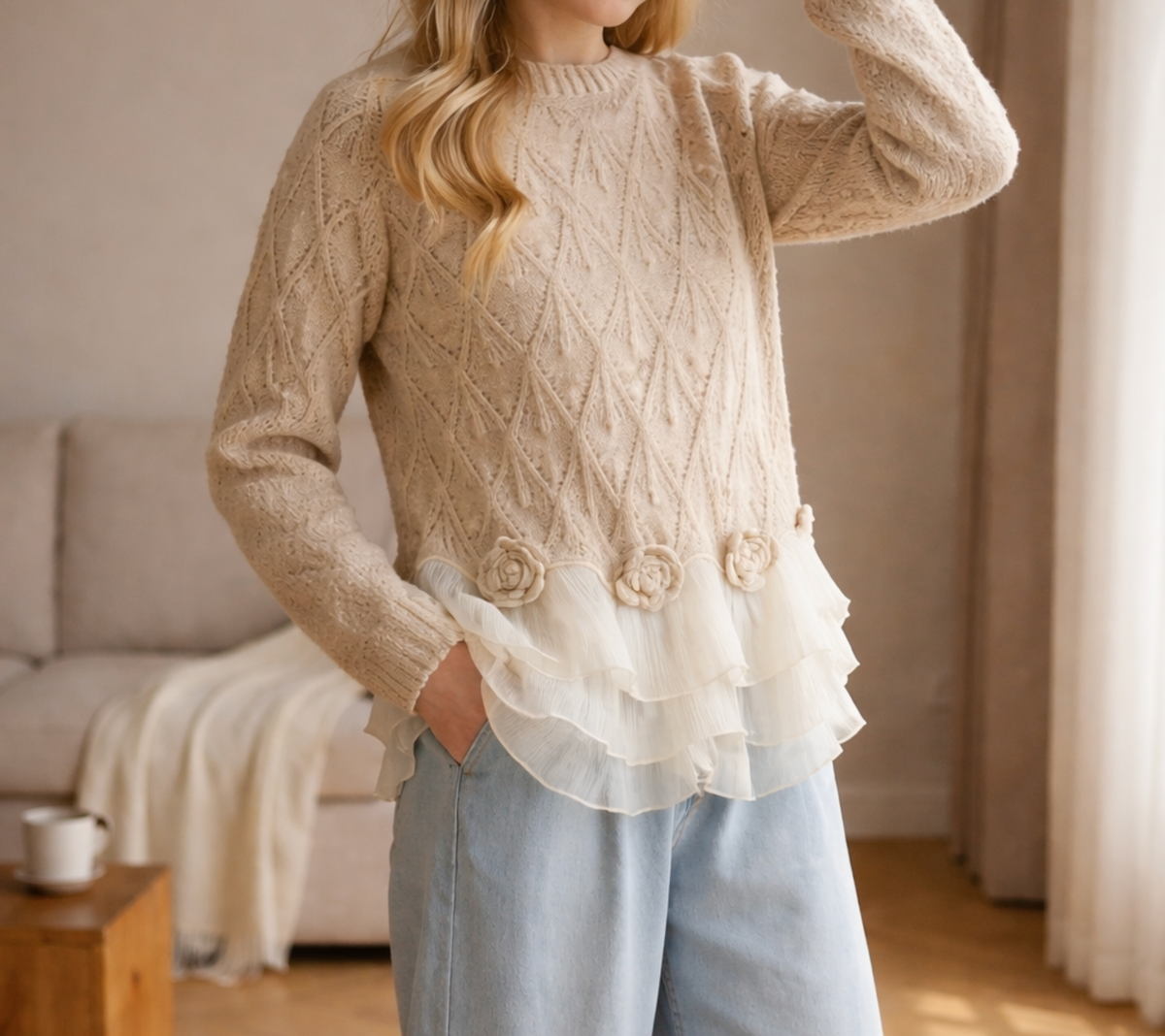 Holly Women's Cardigan in Knit with a Round Neck and Ruffles, photo 4