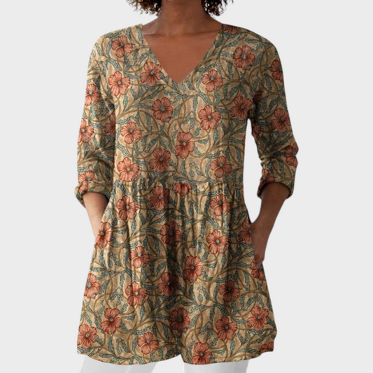 June Women's Blouse in Cotton with a V-neck and a Floral Print, photo 1