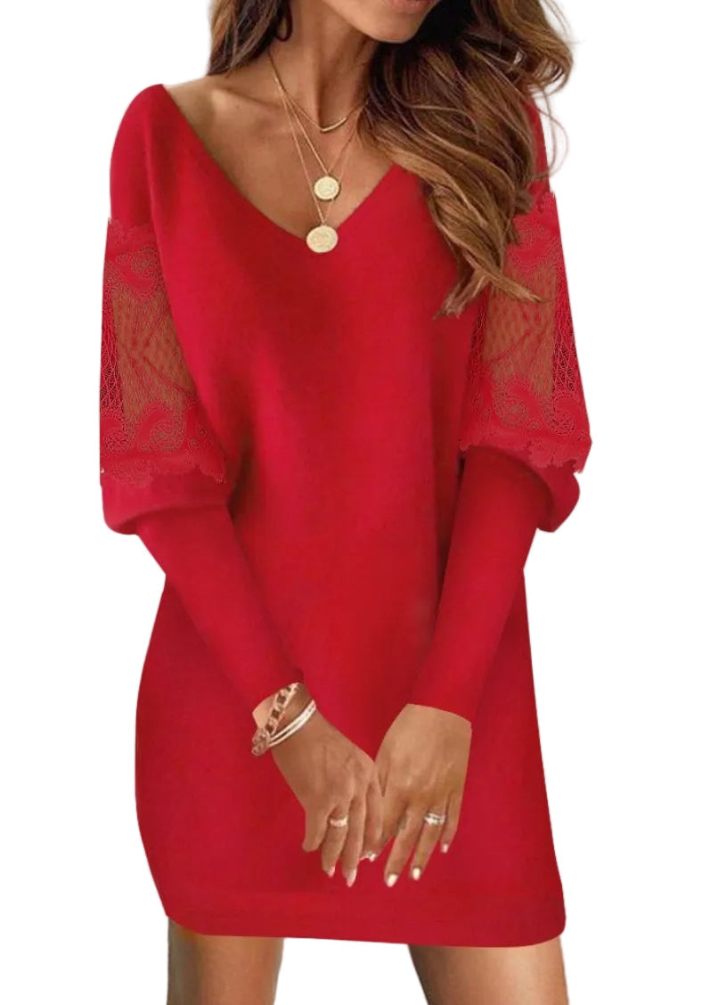 Nola Women's Dress with a V-neck with Long Sleeves and Lace, photo 3