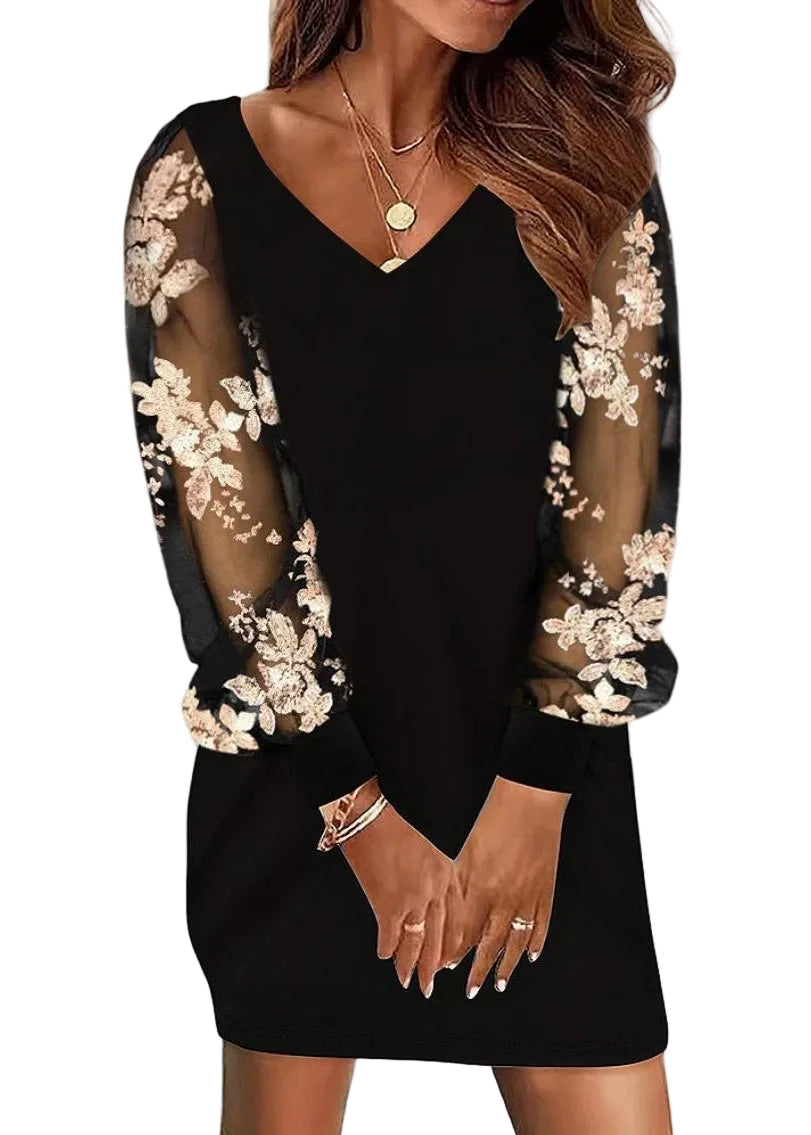 Nola Women's Dress with a V-neck with Long Sleeves and Lace, photo 4