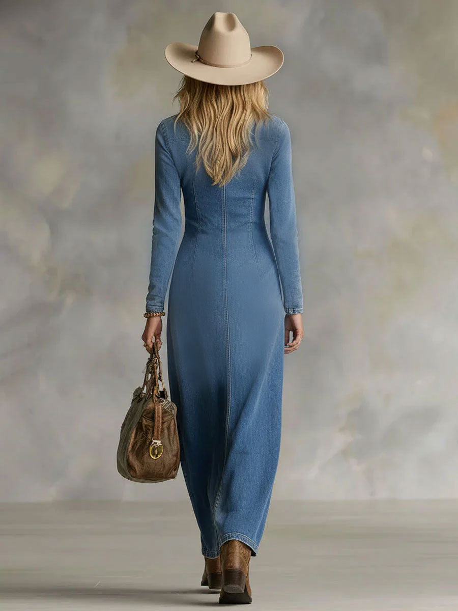 Phoebe Women's Dress in Denim in a Long Cut with a Slit, photo 5