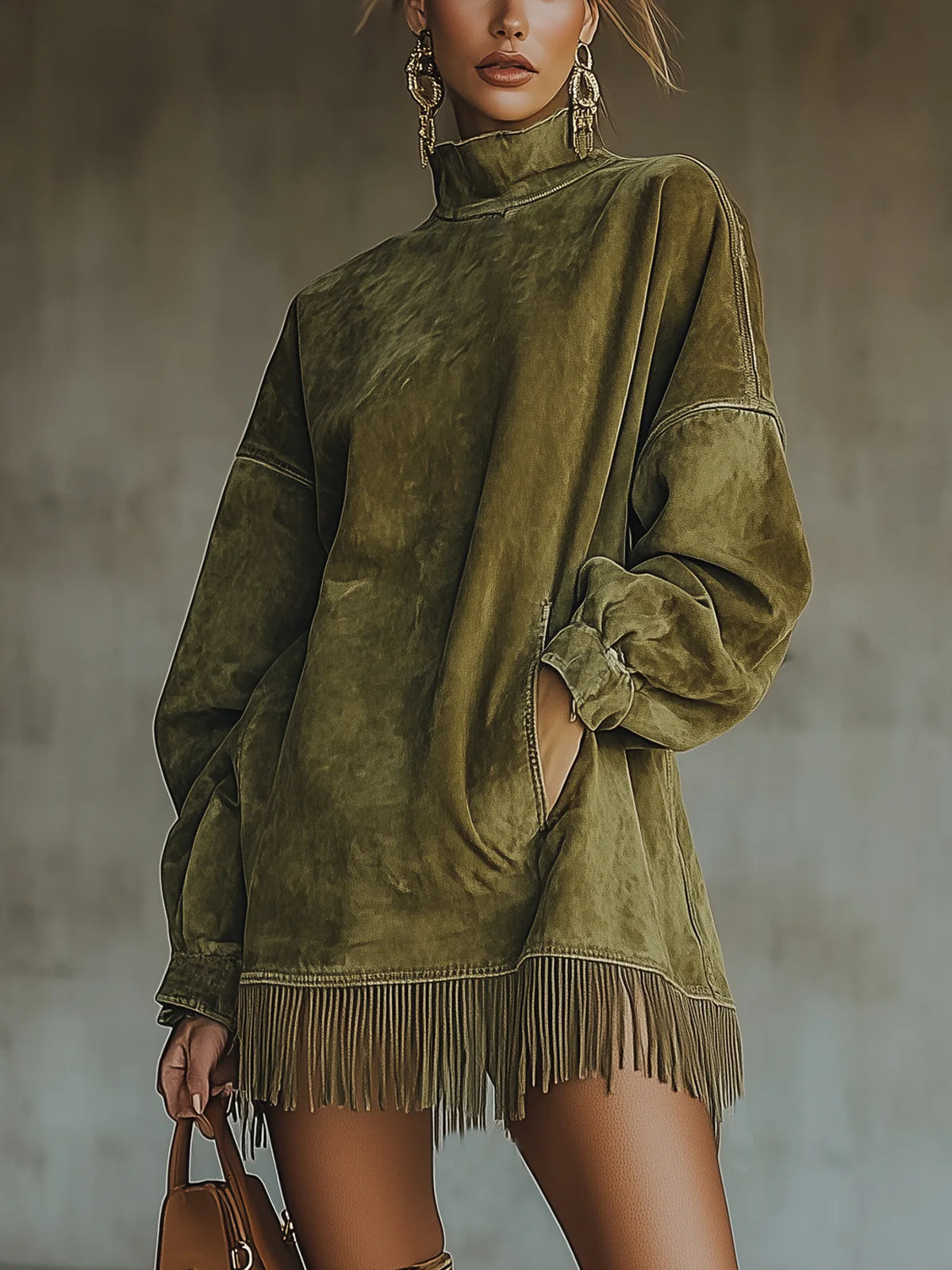 Primrose Women's Dress in a Suede Look with a Turtleneck and Fringing, photo 1