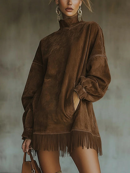 Primrose Women's Dress in a Suede Look with a Turtleneck and Fringing, photo 2