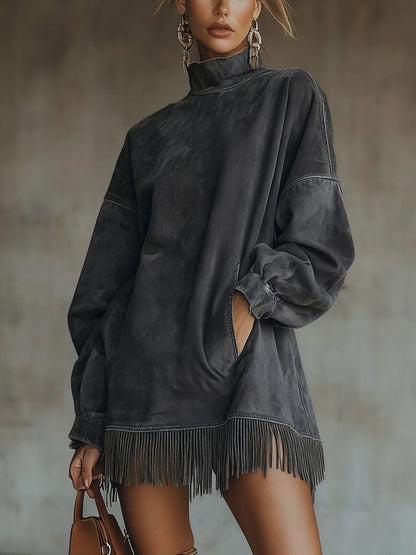 Primrose Women's Dress in a Suede Look with a Turtleneck and Fringing, photo 3