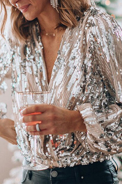Scarlett Women's Blouse with a V-neck with Long Sleeves and Sequins, photo 3