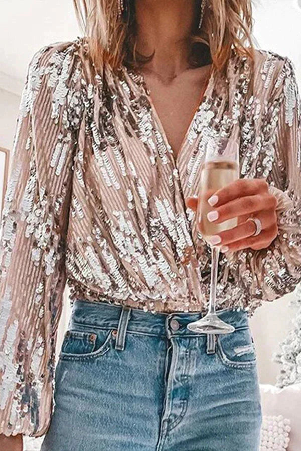 Scarlett Women's Blouse with a V-neck with Long Sleeves and Sequins, photo 5