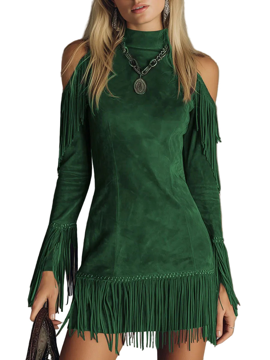 Violet Women's Dress in a Suede Look in a Long Cut with a Turtleneck and Fringing, photo 1