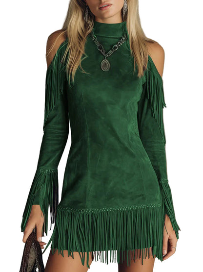 Violet Women's Dress in a Suede Look in a Long Cut with a Turtleneck and Fringing, photo 1