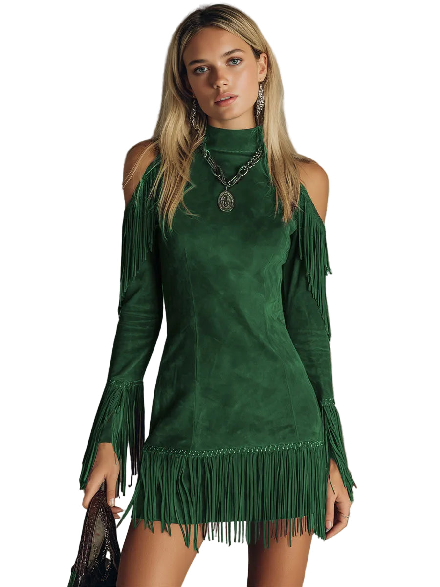Violet Women's Dress in a Suede Look in a Long Cut with a Turtleneck and Fringing, photo 2