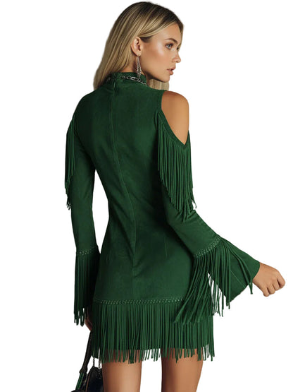 Violet Women's Dress in a Suede Look in a Long Cut with a Turtleneck and Fringing, photo 3