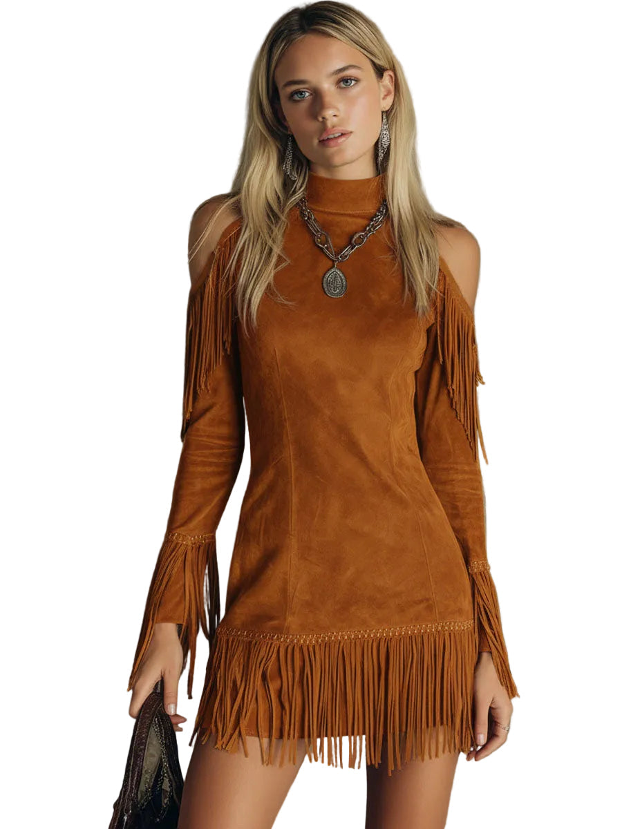 Violet Women's Dress in a Suede Look in a Long Cut with a Turtleneck and Fringing, photo 4