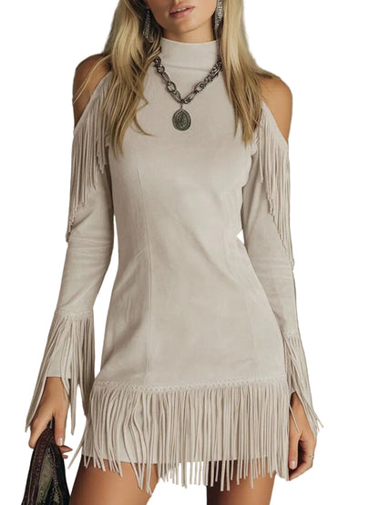 Violet Women's Dress in a Suede Look in a Long Cut with a Turtleneck and Fringing, photo 6