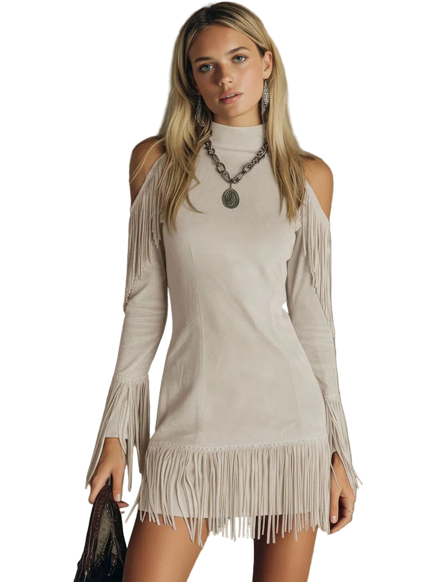 Violet Women's Dress in a Suede Look in a Long Cut with a Turtleneck and Fringing, photo 7
